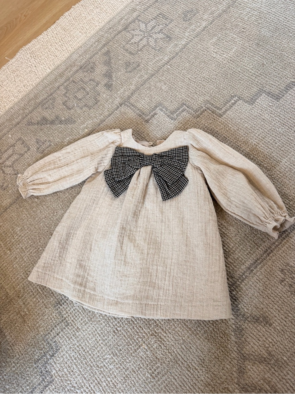 Zara Girls Cream Long-Sleeve Linen Dress with Plaid Black Bow 2T